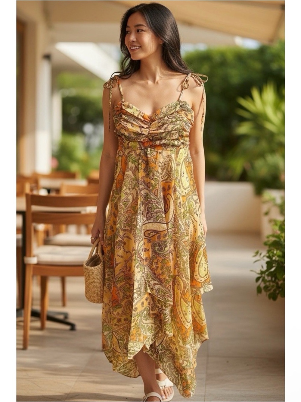 Sleeveless Paisley Handkerchief-Hem Dress in Size Small